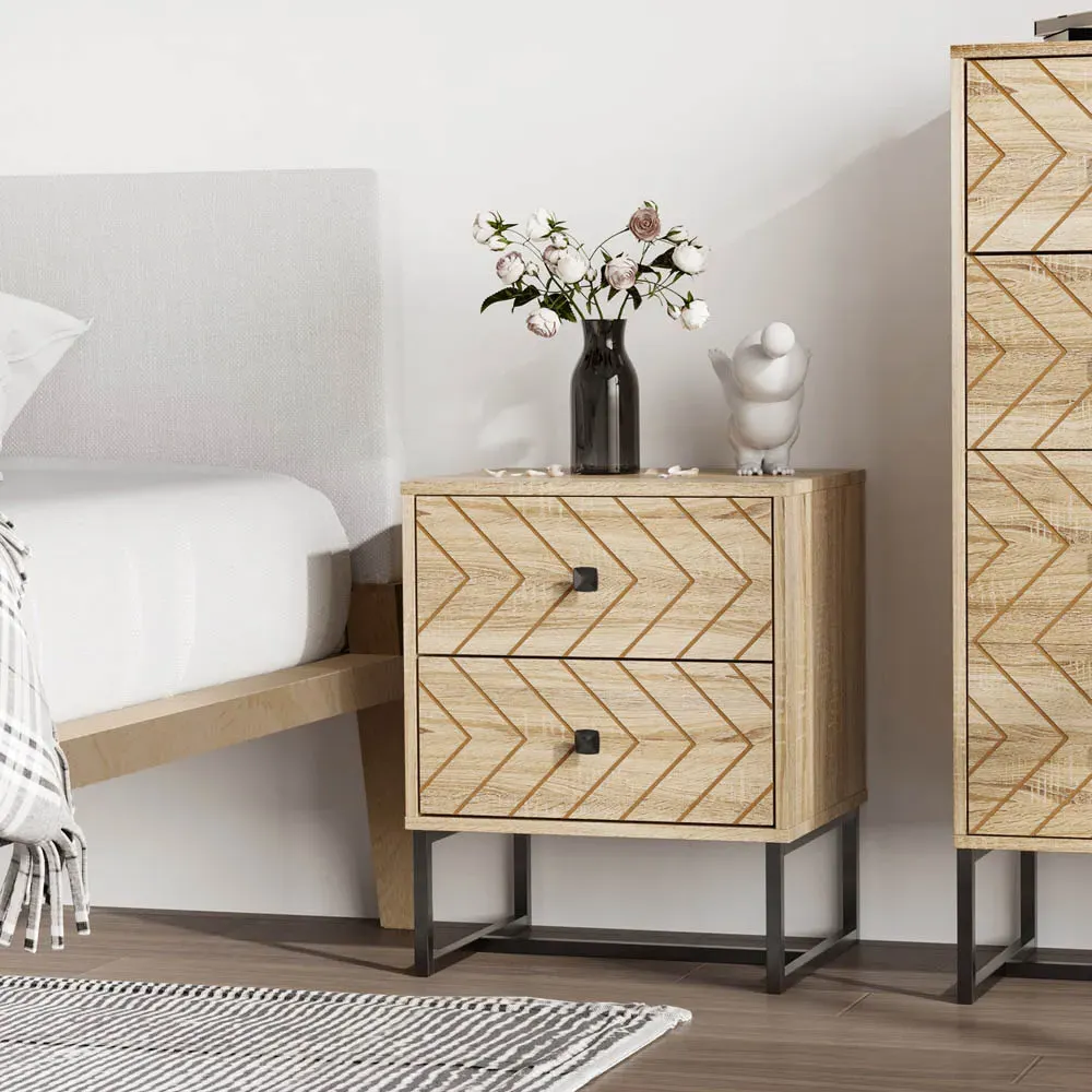 Portland 2 Drawer Zig Zag Bedside Table - Brown, Melamine