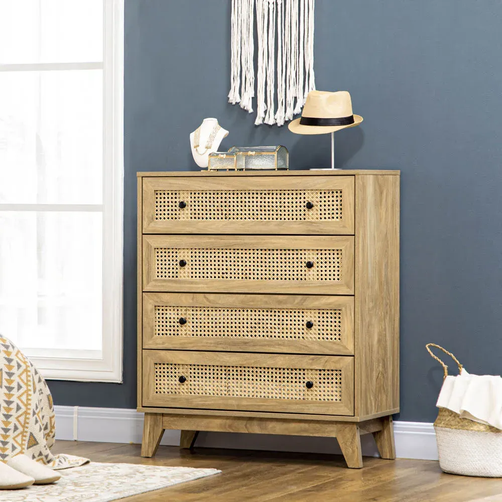 Portland 4 Drawer Storage Cabinet with Rattan - Brown