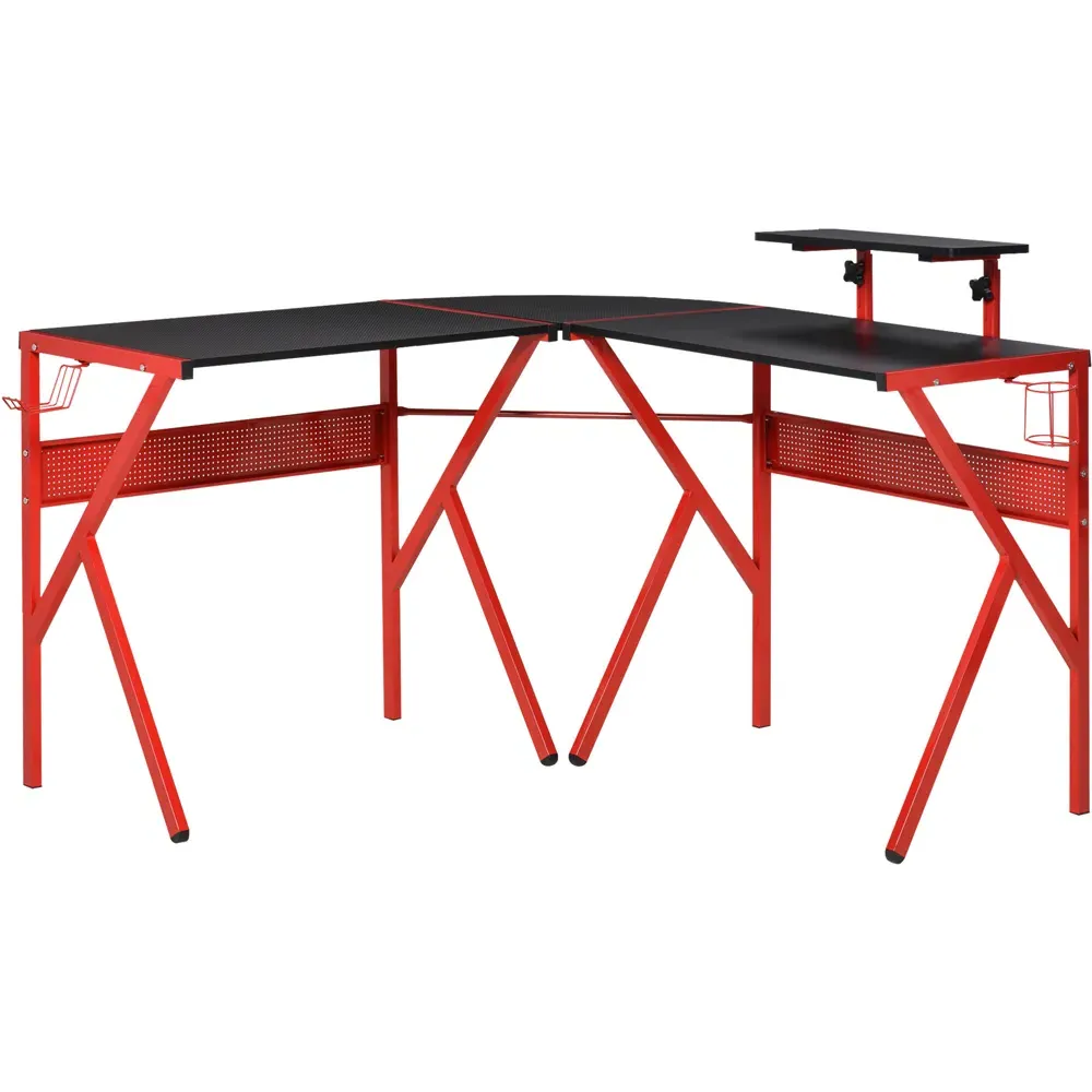 Portland L-Shaped Gaming Desk with Monitor Stand - Black, Red