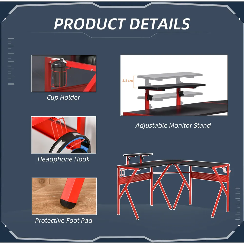 Portland L-Shaped Gaming Desk with Monitor Stand - Black, Red