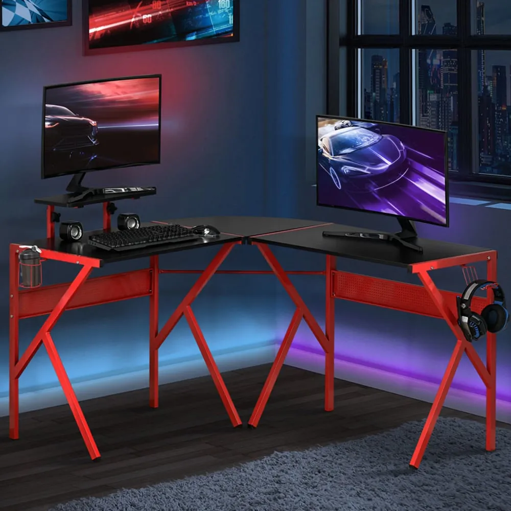 Portland L-Shaped Gaming Desk with Monitor Stand - Black, Red image
