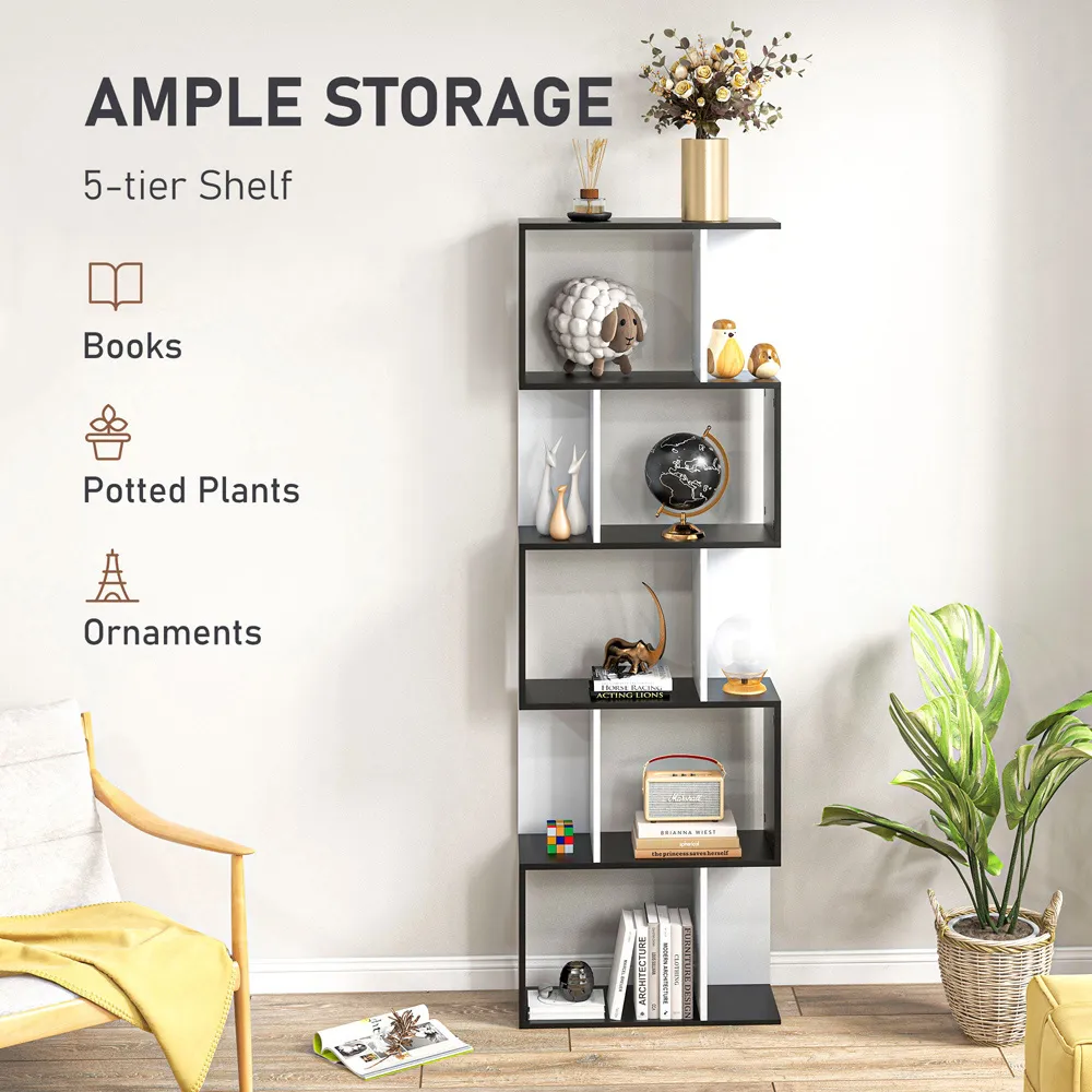 Portland S-Shape 5 Shelf Bookshelf - Black