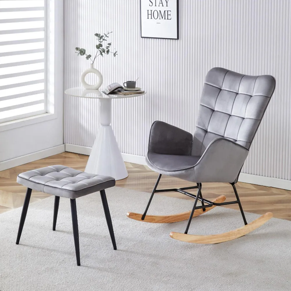 Portland Spring Rocking Chair with Footstool - Grey, Velvet