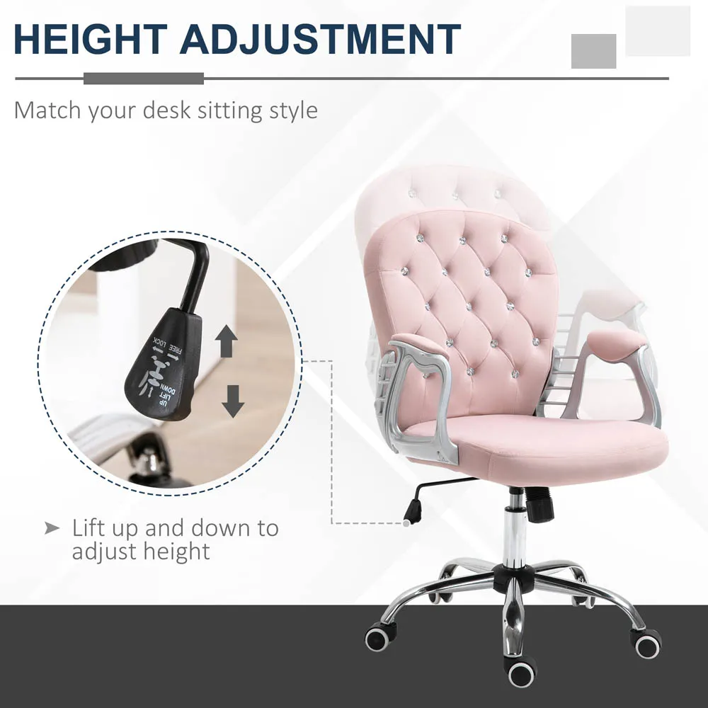 Portland Swivel Office Chair with Diamantes - Pink, Velour