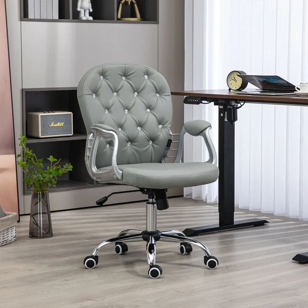 PU Diamante Padded Swivel Office Chair - Grey