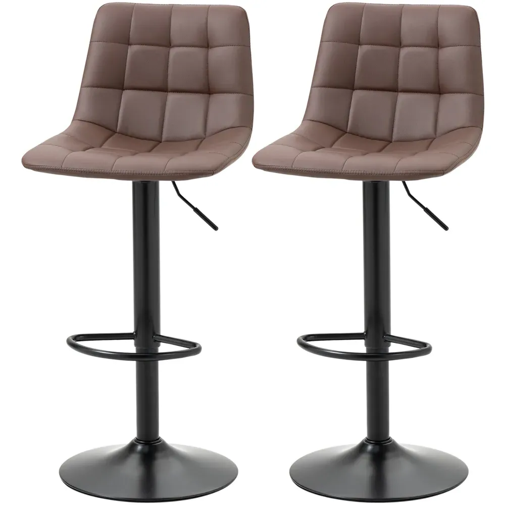Quilted Adjustable Bar Stool Set of 2 - Brown, PU Leather