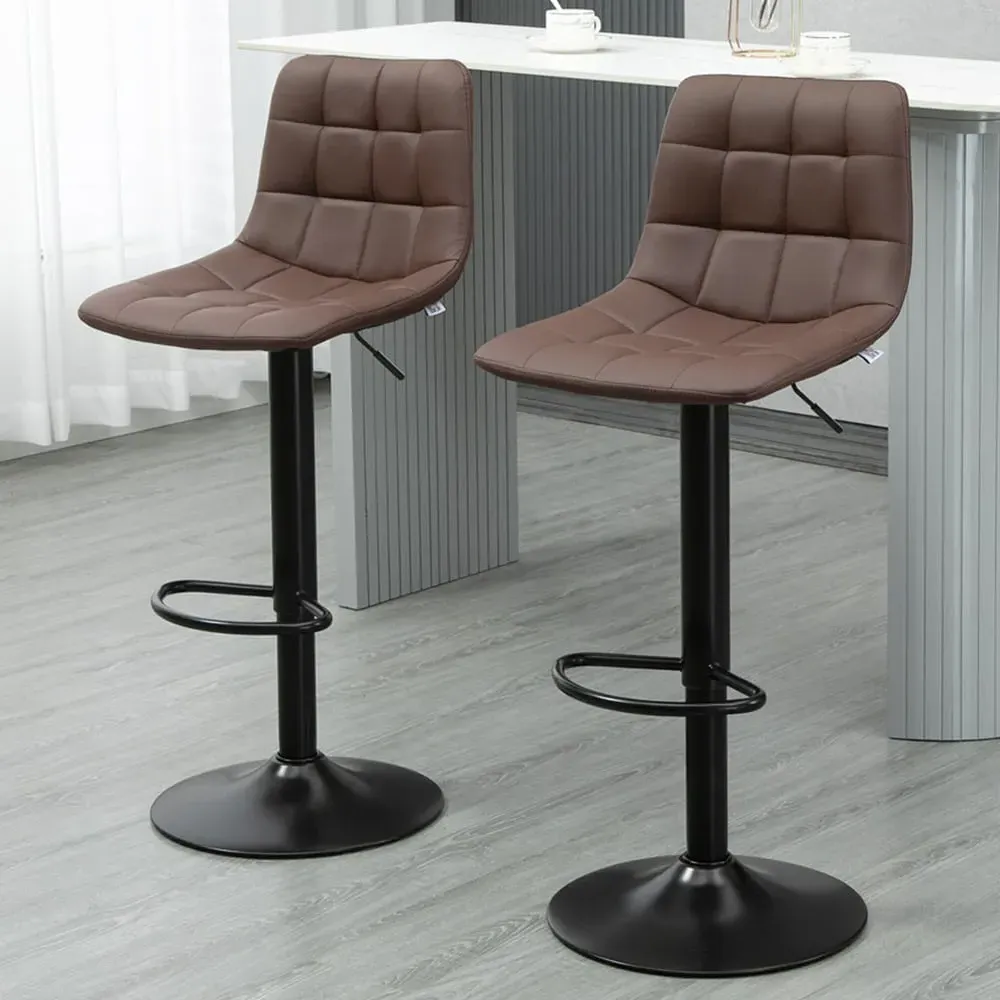 Quilted Adjustable Bar Stool Set of 2 - Brown, PU Leather