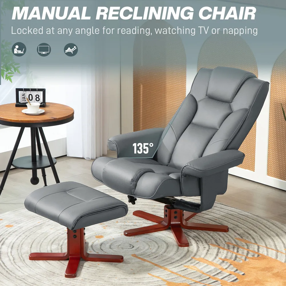 Recliner Armchair with Footstool - Grey, Faux Leather