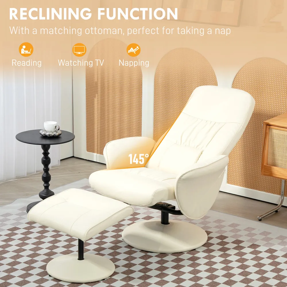 Reclining Armchair with Footrest - Cream, PU Leather