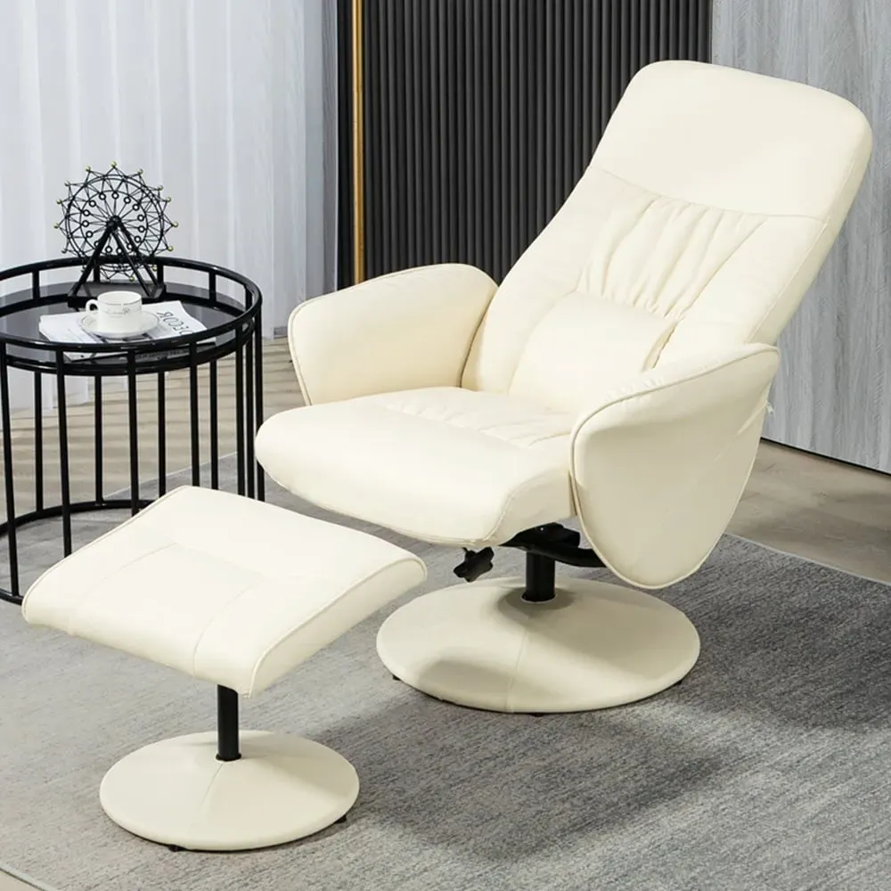 Reclining Armchair with Footrest - Cream, PU Leather