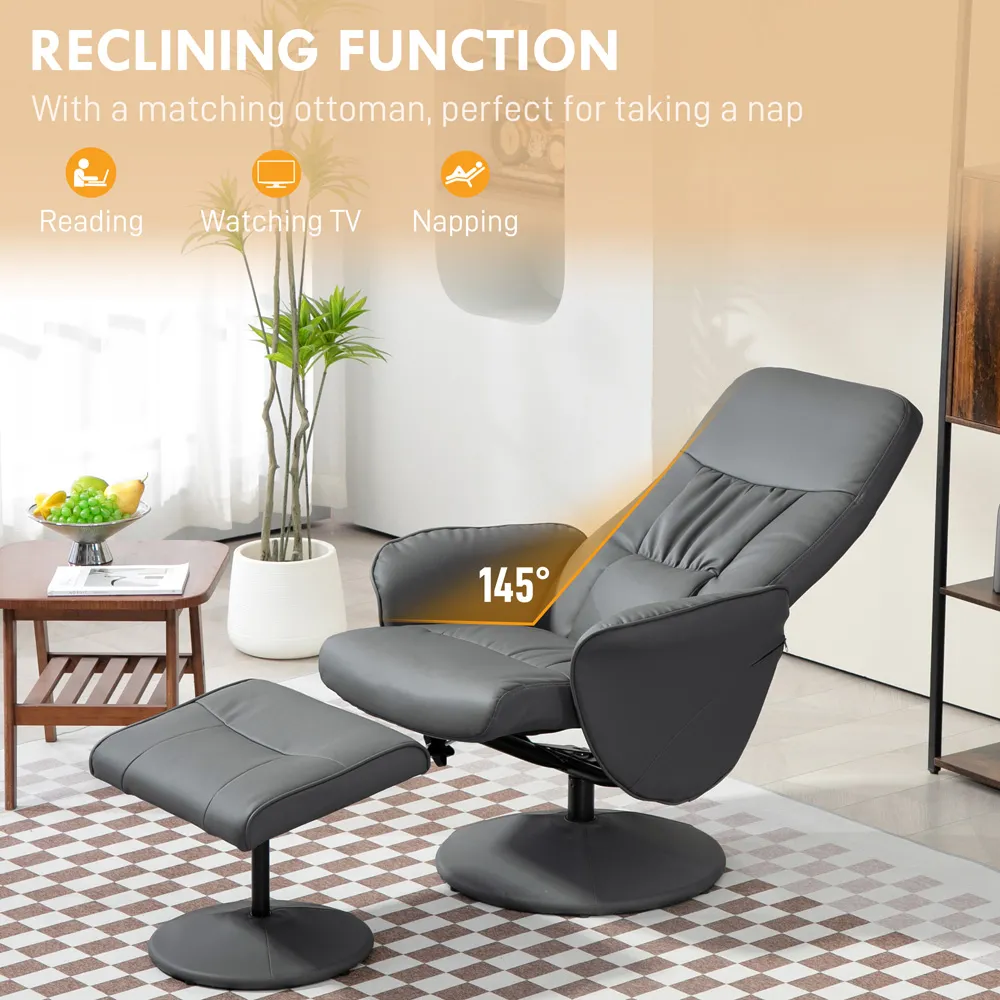 Reclining Armchair with Footrest - Grey, PU Leather