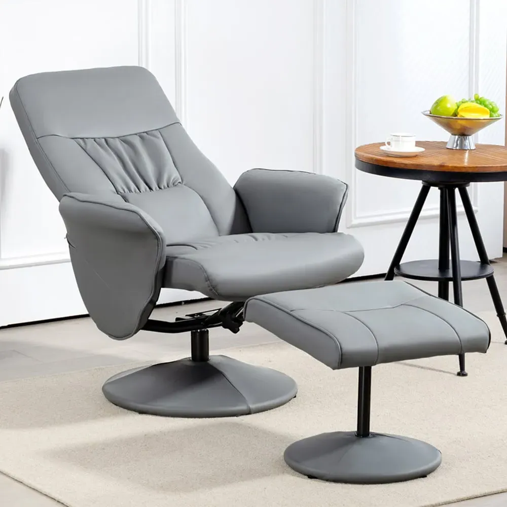 Reclining Armchair with Footrest - Light Grey, PU Leather