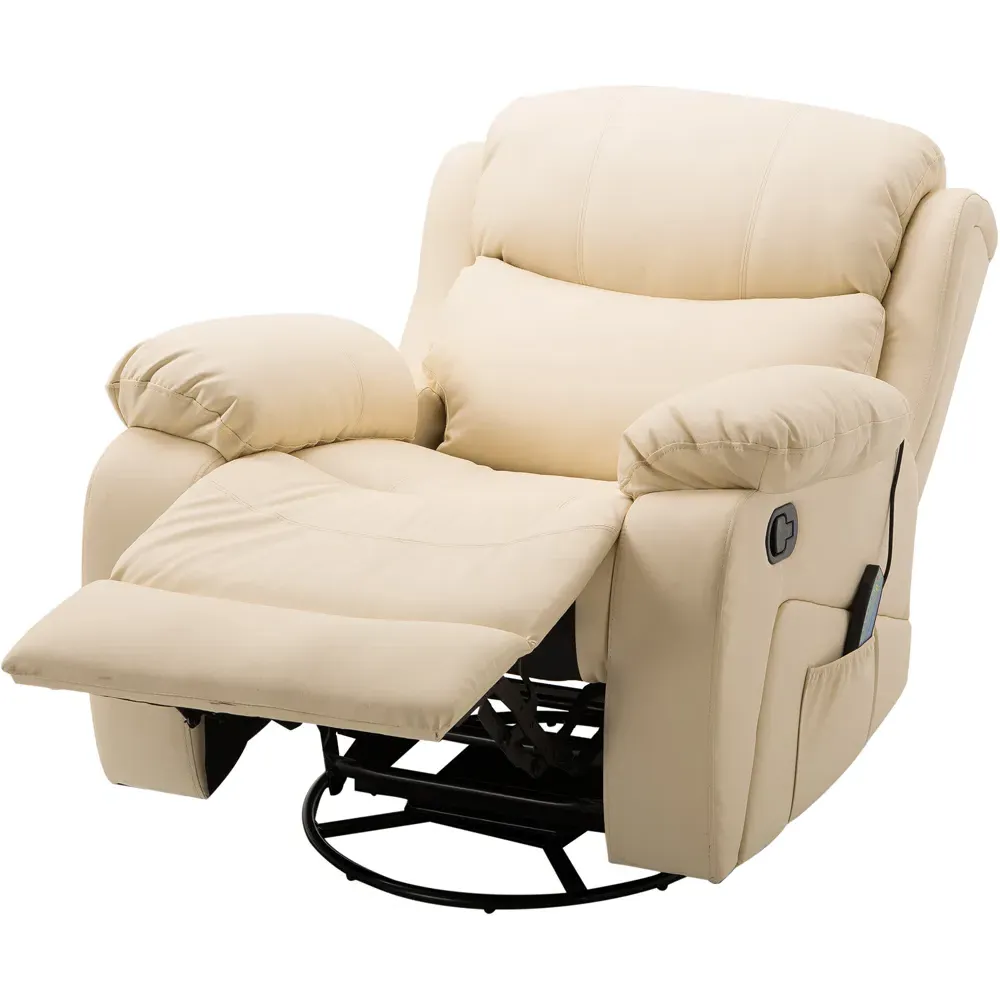 Reclining Chair with 8 Massage Points and Heat - Beige, PU Leather