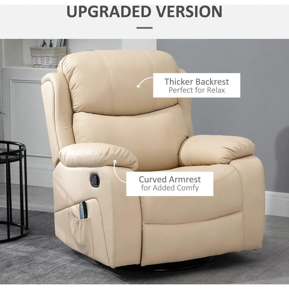 Reclining Chair with 8 Massage Points and Heat - Beige, PU Leather