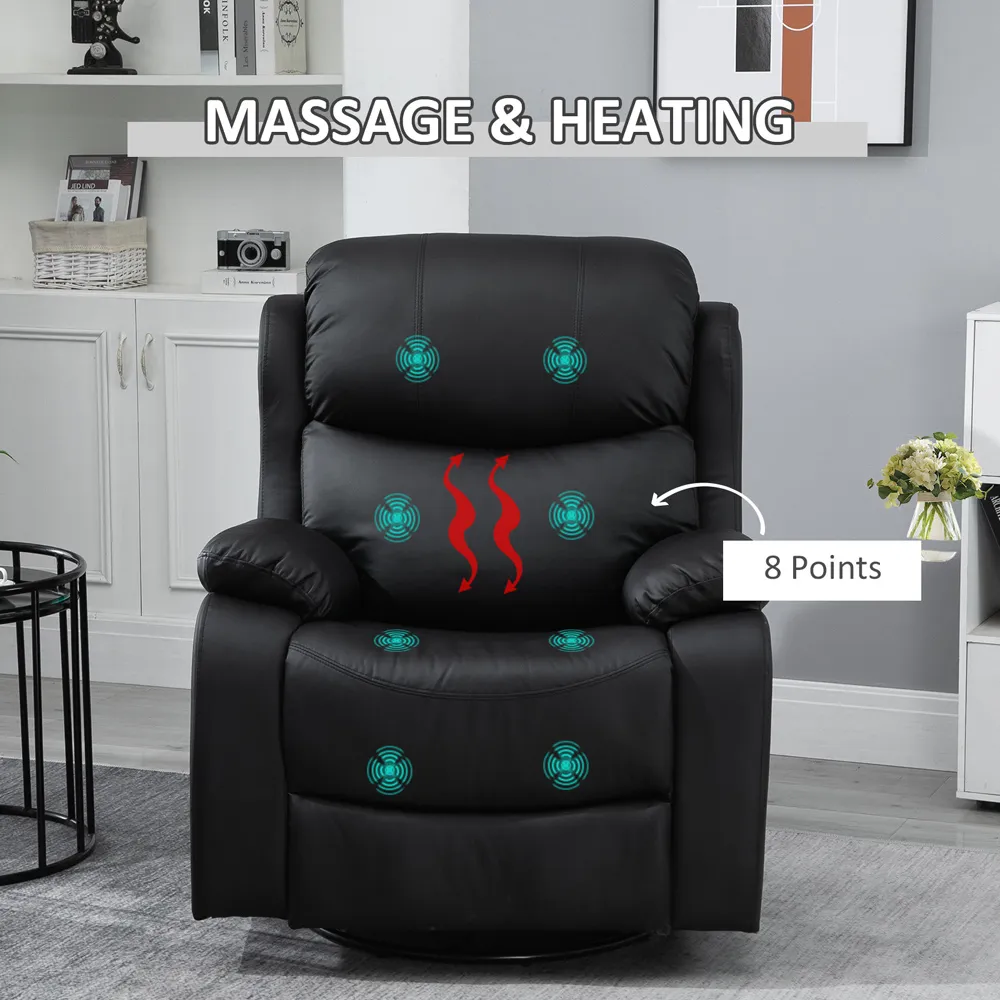 Reclining Chair with Heat and 8 Massage Points - Black, PU Leather
