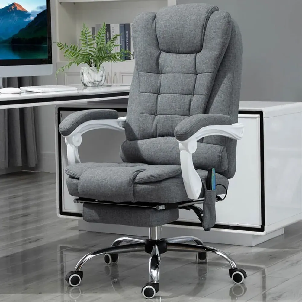 Reclining Massage Office Chair with Footrest - Grey, Linen