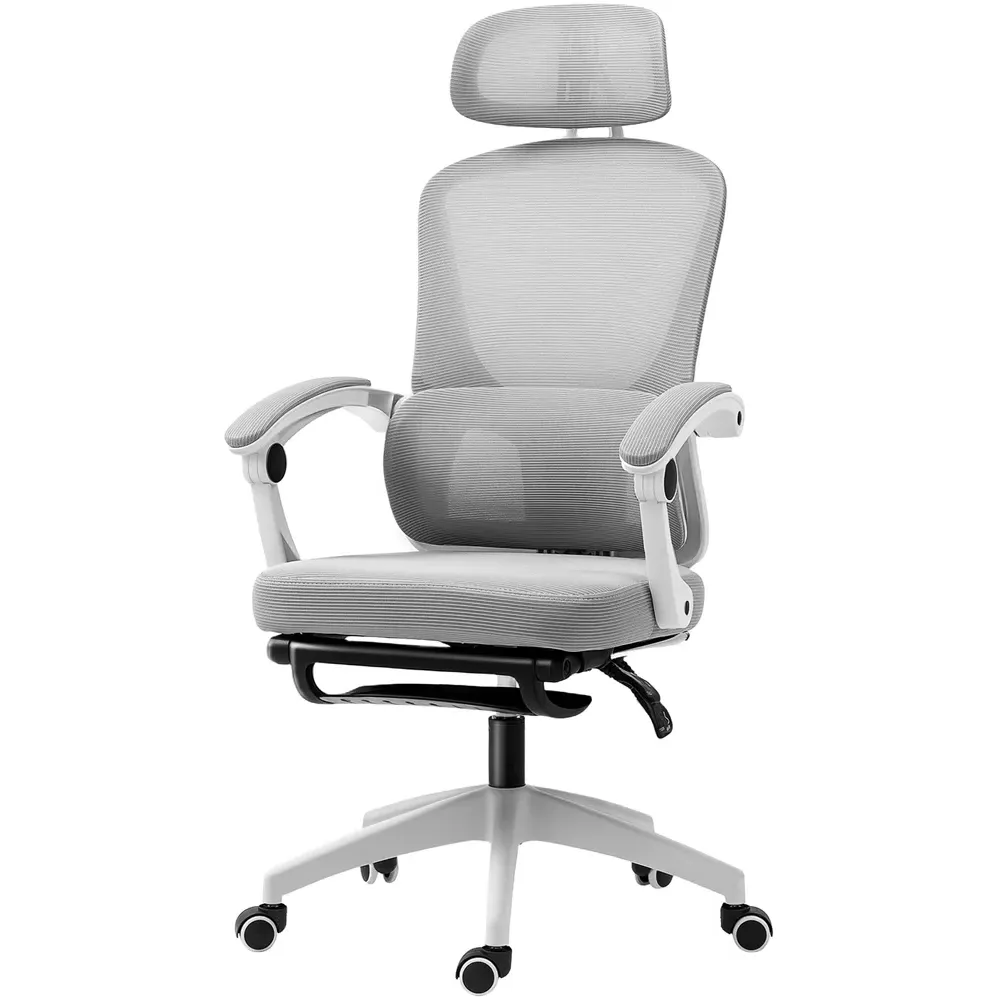 Reclining Office Chair with Footrest - Grey, Mesh