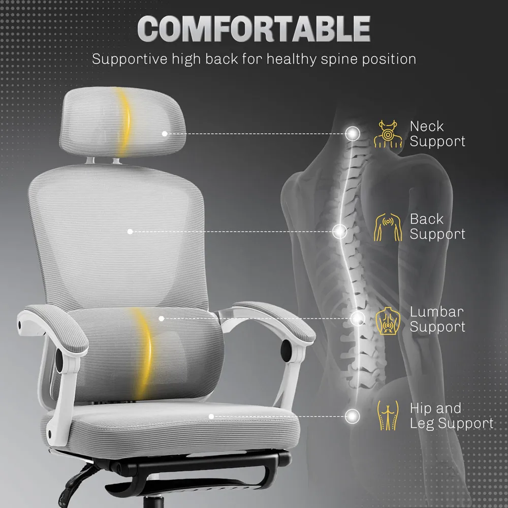 Reclining Office Chair with Footrest - Grey, Mesh
