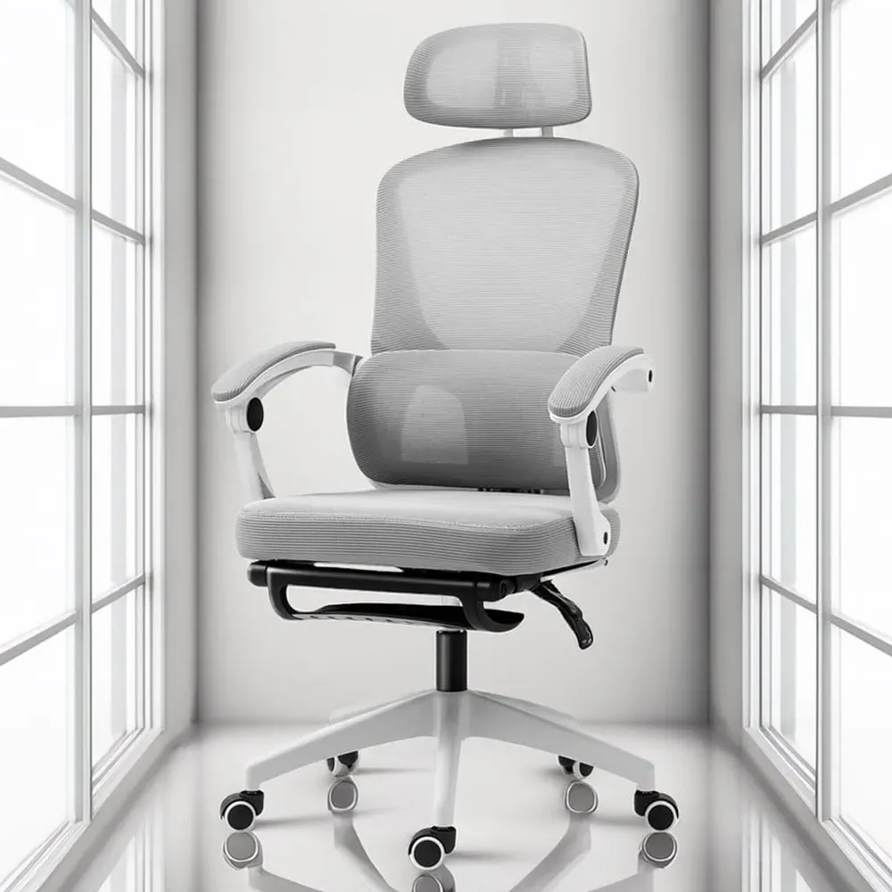 Reclining Office Chair with Footrest - Grey, Mesh