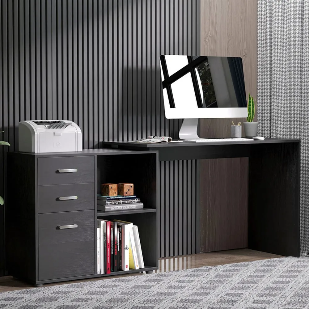 Rotating Office Desk with Drawers - Black