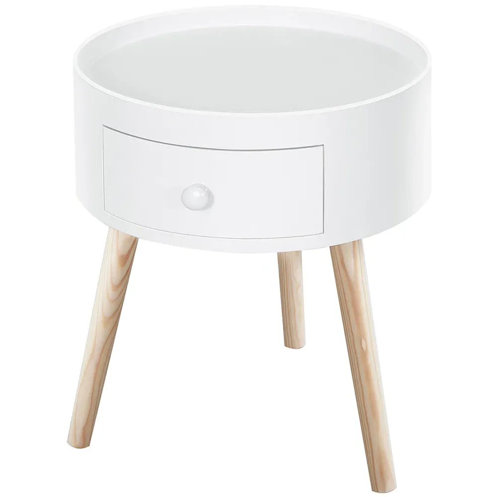Round Side Table with Drawer - White