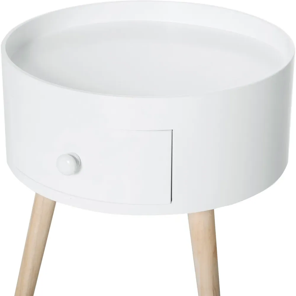Round Side Table with Drawer - White