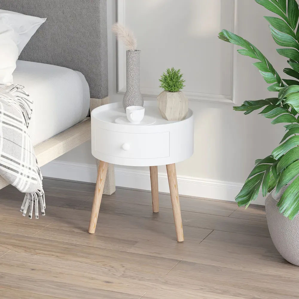 Round Side Table with Drawer - White