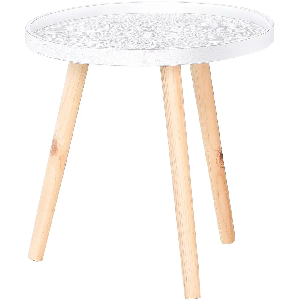 Round Side Table with Etched Flower Design - White