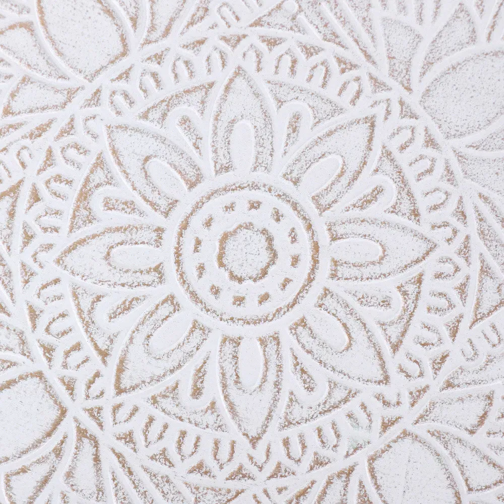 Round Side Table with Etched Flower Design - White