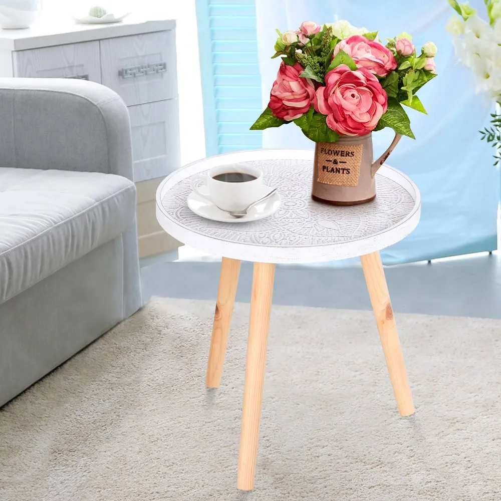 Round Side Table with Etched Flower Design - White