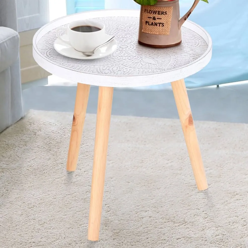 Round Side Table with Etched Flower Design - White image