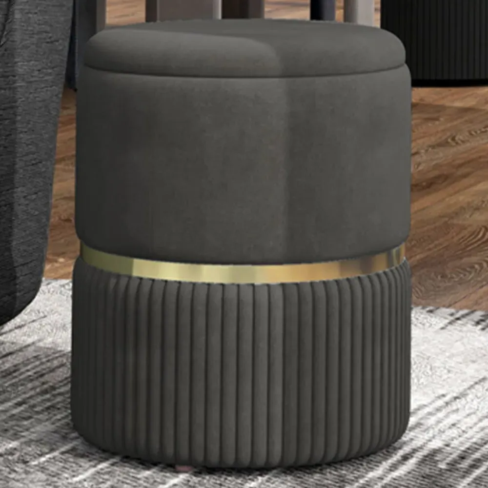 Round Velvet Ottoman Footstool with Storage - Grey