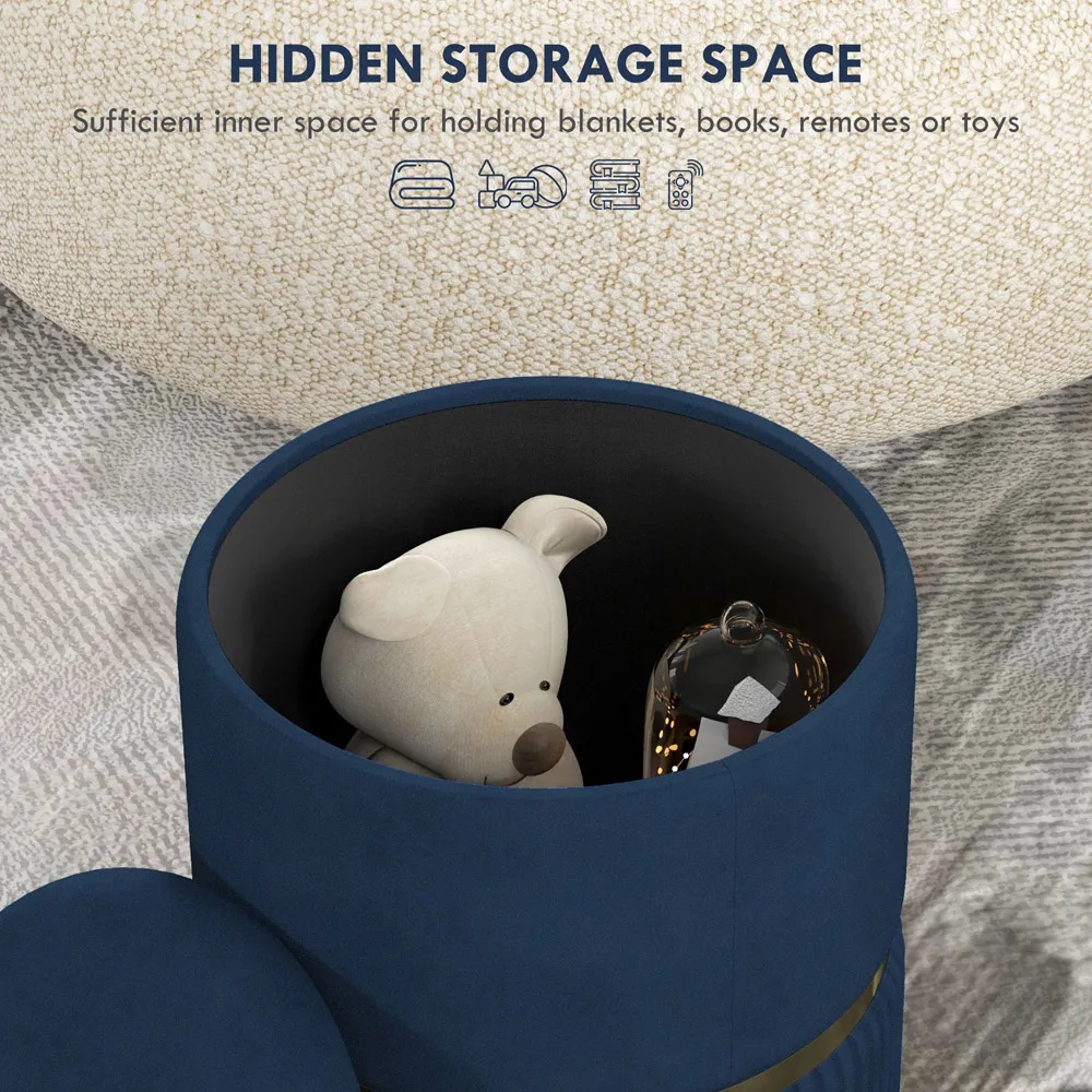 Round Velvet Ottoman with Storage - Blue