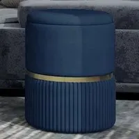 Round Velvet Ottoman with Storage - Blue