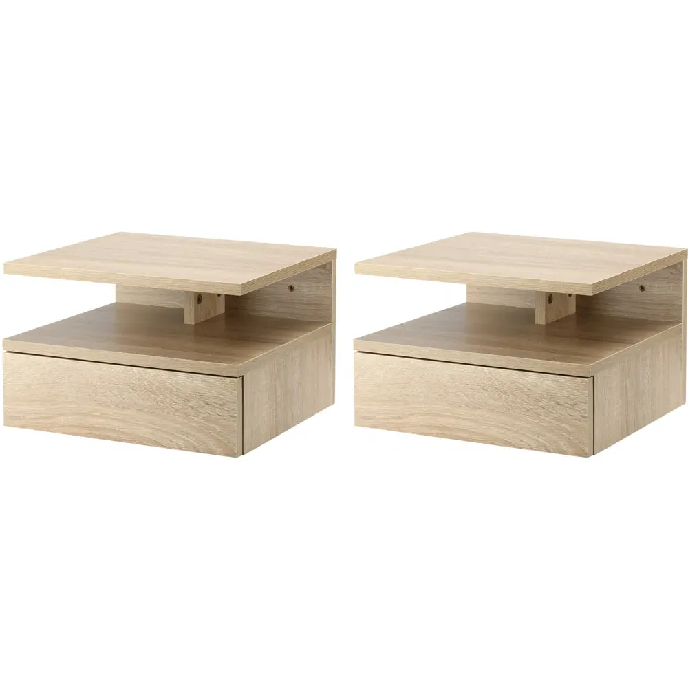 Set of 2 Wall Mounted Bedside Cabinets - Brown, Oak