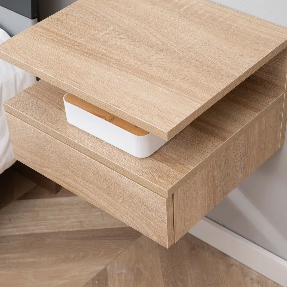 Set of 2 Wall Mounted Bedside Cabinets - Brown, Oak