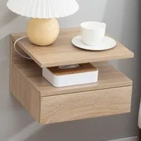 Set of 2 Wall Mounted Bedside Cabinets - Brown, Oak