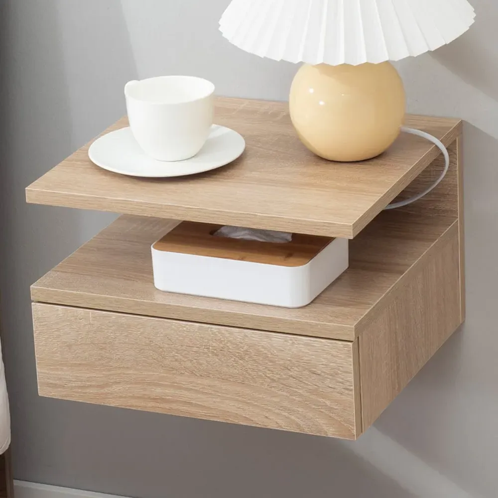 Set of 2 Wall Mounted Bedside Cabinets - Brown, Oak image