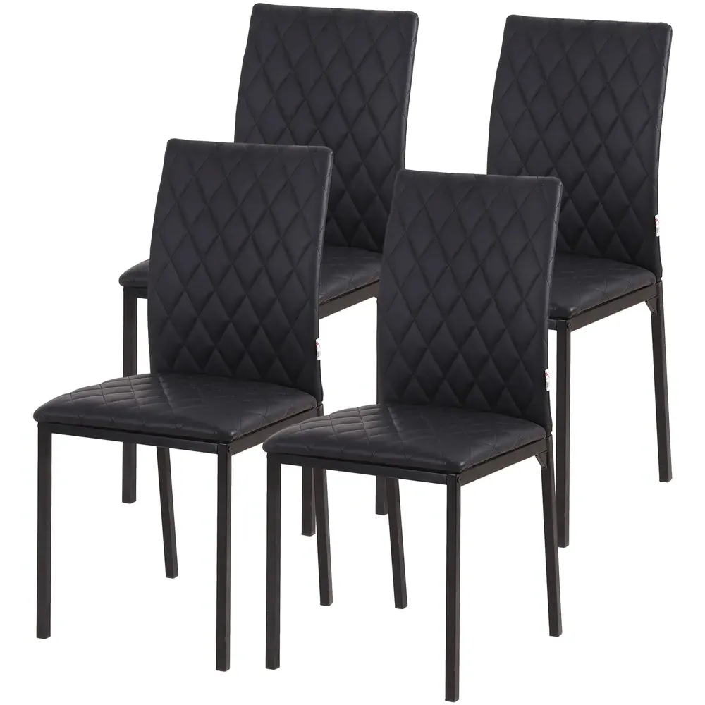 Set of 4 Dining Chairs with Diamond Pattern - Black, Faux Leather
