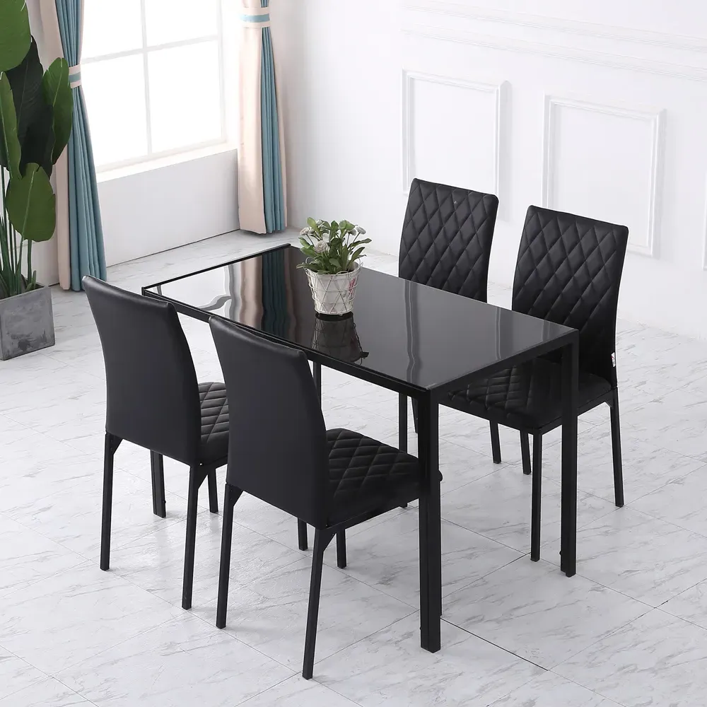Set of 4 Dining Chairs with Diamond Pattern - Black, Faux Leather