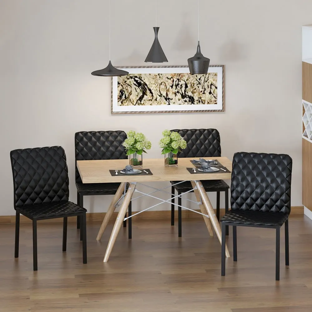 Set of 4 Dining Chairs with Diamond Pattern - Black, Faux Leather