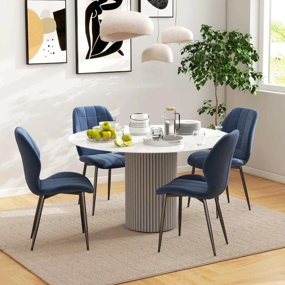 Set of 4 Dining Chairs with Tapered Legs - Dark Blue, Flannel