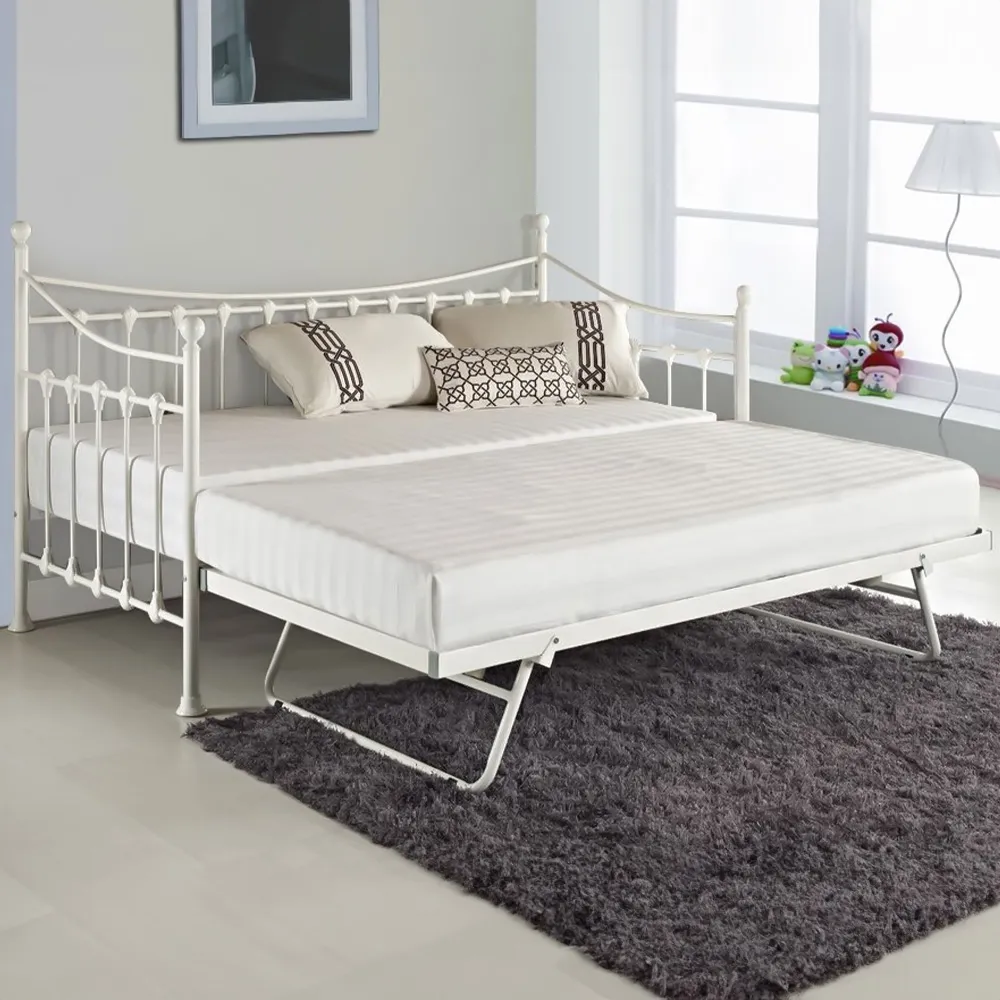 Single Day Bed with Trundle and 2 Mattresses - White, Metal