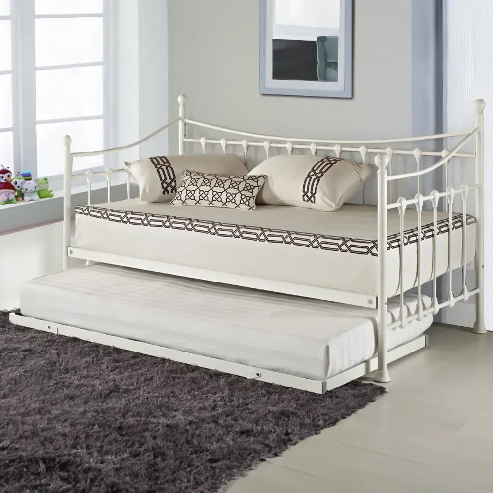 Single Day Bed with Trundle and 2 Mattresses - White, Metal