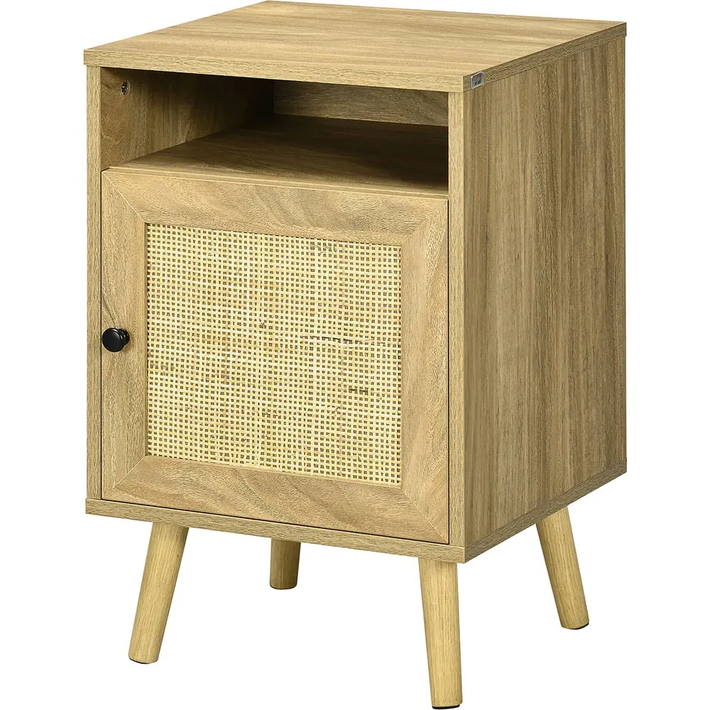 Single Door Bedside Table with Rattan - Brown