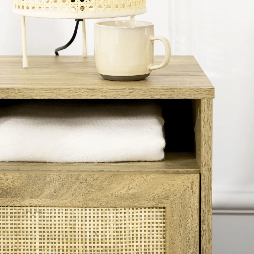 Single Door Bedside Table with Rattan - Brown