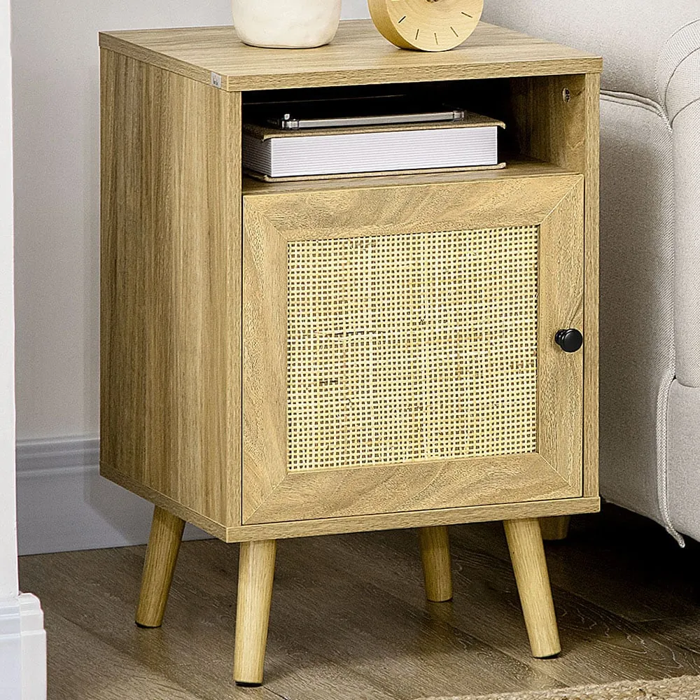 Single Door Bedside Table with Rattan - Brown image