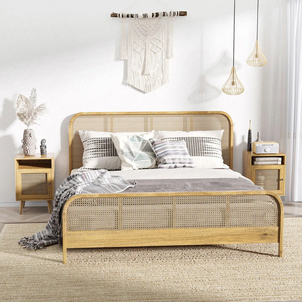 Single Door Rattan Bedside Table Set of 2 - Brown