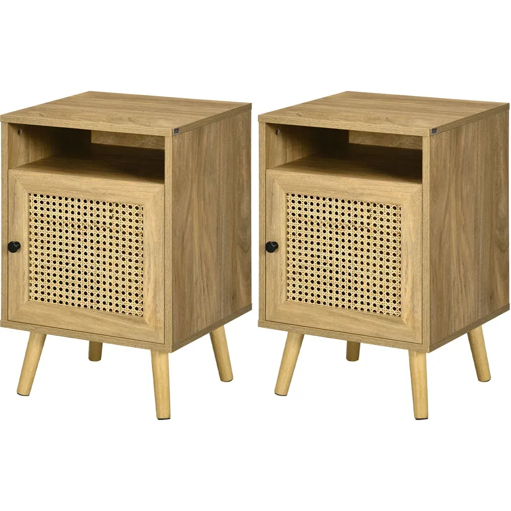 Single Door Rattan Bedside Table Set of 2 - Brown