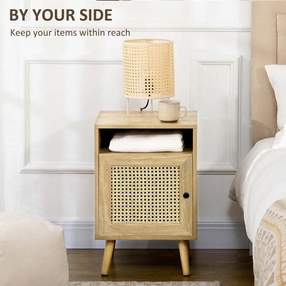 Single Door Rattan Bedside Table Set of 2 - Brown